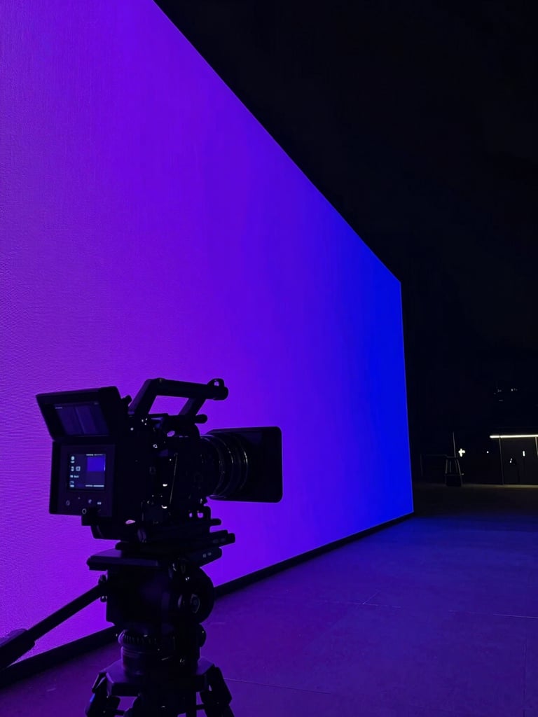 Panoramic cinematic wide shot of a digital campaign launch moment — a large format LED wall displaying a bold brand visual in electric purple and blue, camera rig in foreground silhouetted against glowing screen, low angle, dramatic contrast, studio environment to the left, generous dark negative space on the right third