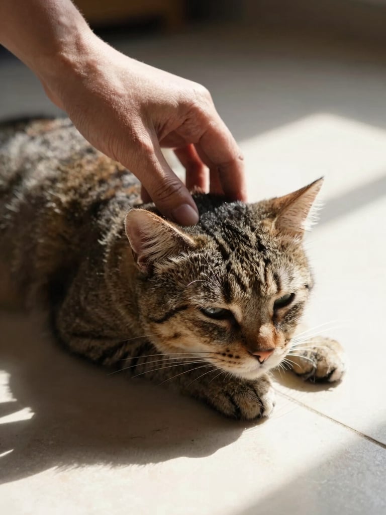 Overhead framing of a cat resting in a warm patch of afternoon sunlight on a tiled floor, a hand gently scratching behind its ear, the cat's eyes half-closed in contentment, soft interior light, no flash