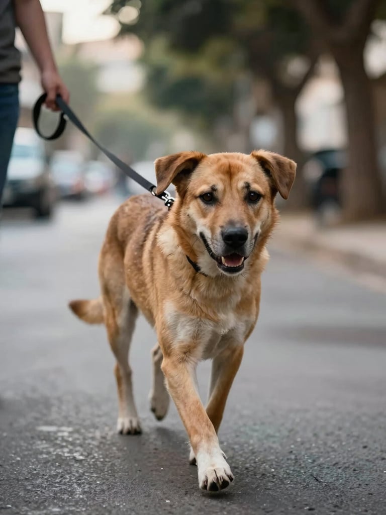 Close-up eye-level view of a medium-sized dog trotting along a shaded Limassol side street, leash held loosely in a caregiver's hand visible at the frame edge, soft morning light filtering through tree canopy above