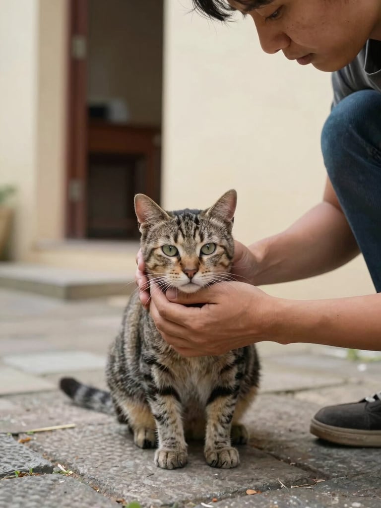 Close-up eye-level framing, caregiver kneeling on a worn stone path in soft north-facing daylight, both hands cradling a tabby cat's face with quiet attentiveness, natural interior light from an open doorway behind, warm cream wall visible, genuine unguarded moment