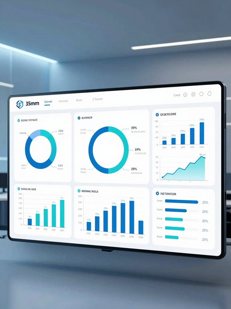 Technical illustration of a business intelligence dashboard with various charts, graphs, and data visualizations, clean corporate aesthetic, cool blue and cyan lighting