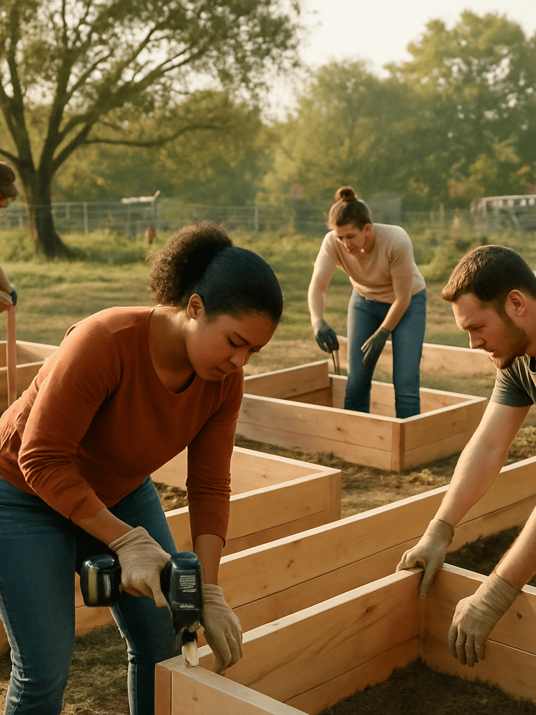 Wide environmental portrait of a community garden construction site, volunteers working together to build raised wooden beds, soft morning sunlight, natural warm tones, 35mm lens.