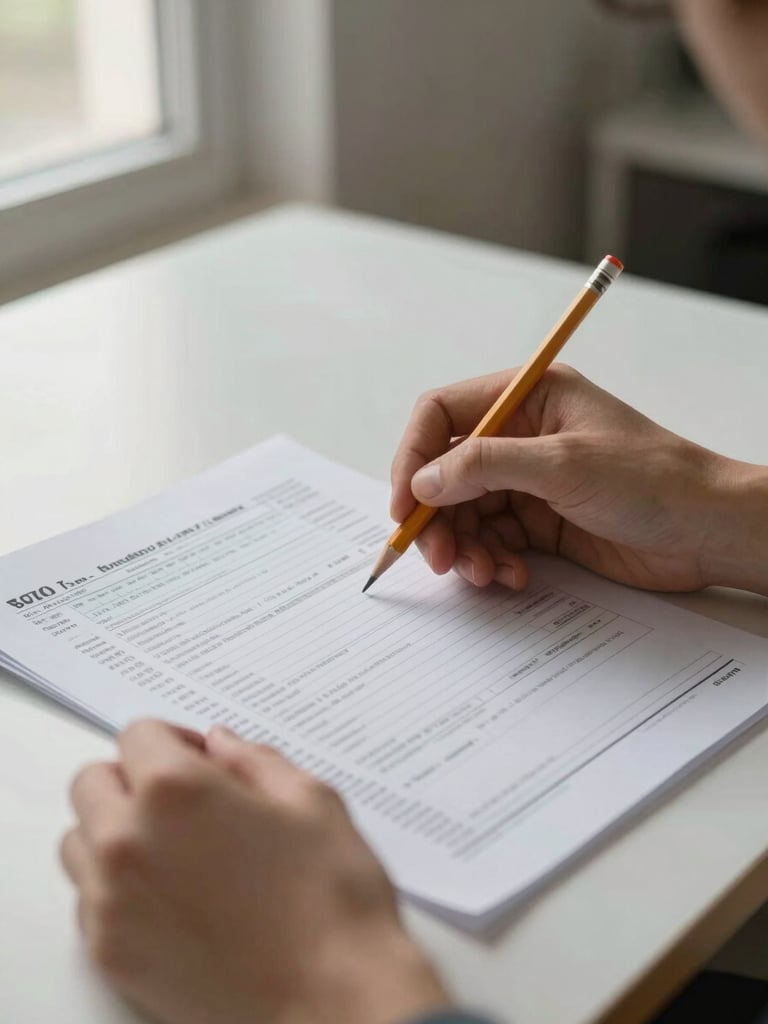 Close-up of hands reviewing a printed tax schedule on a clean desk, a pencil held lightly in one hand, diffused natural light from a window to the left, early morning tone, no artificial lighting, muted paper textures visible