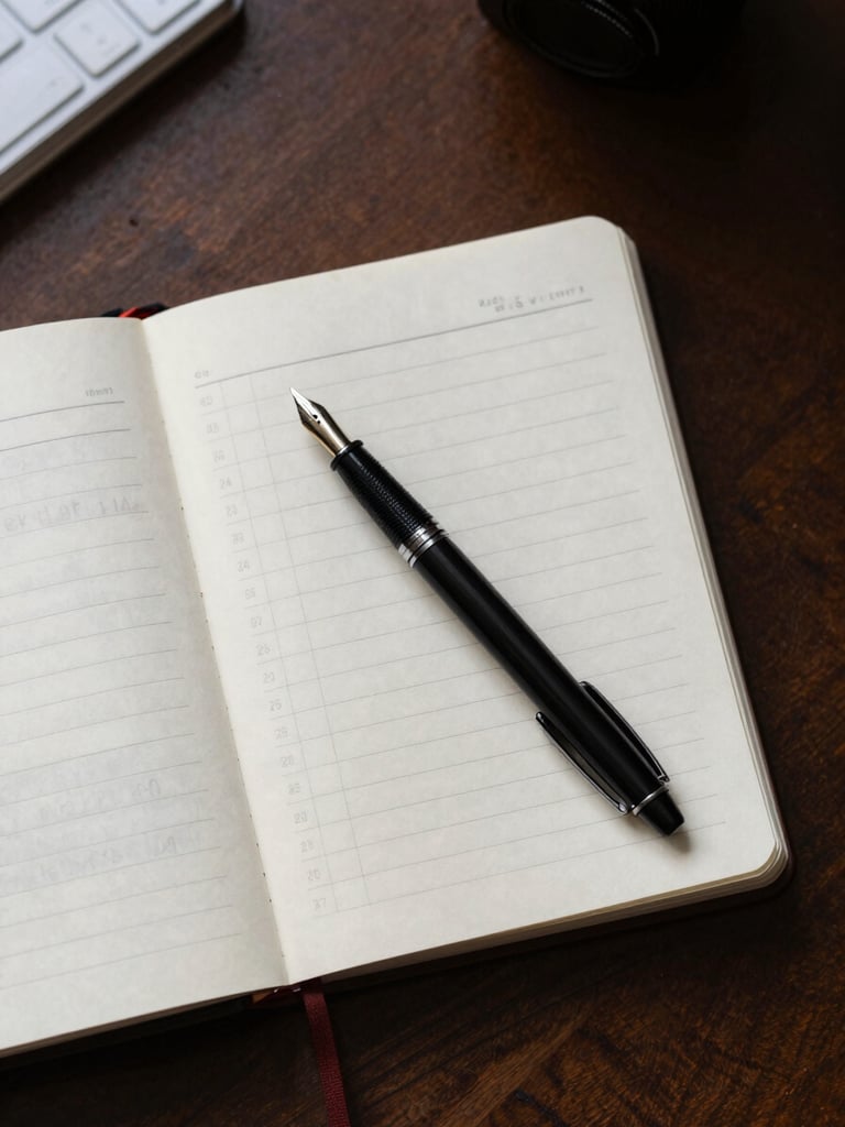 Overhead flat-lay of an open ledger on a dark wooden desk, a fountain pen resting diagonally across the page, columns of handwritten figures visible, diffused window light from the upper left casting soft shadows, no people
