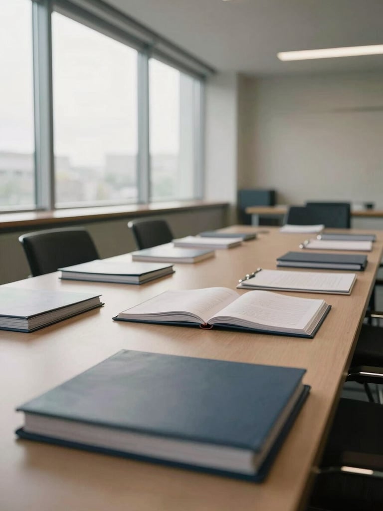 Wide architectural shot of a quiet, ordered meeting room interior — a long table with neatly arranged folders and a single open ledger, morning diffused light through floor-to-ceiling windows, no people present, calm editorial framing