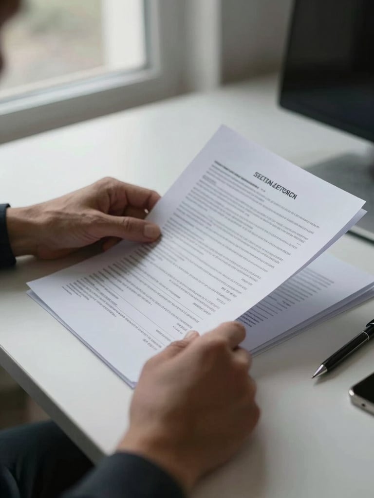 Close-up overhead view of hands carefully reviewing a multi-page financial document on a clean desk surface, a pen resting beside the papers, diffused overcast window light from the left, muted tones, no faces visible