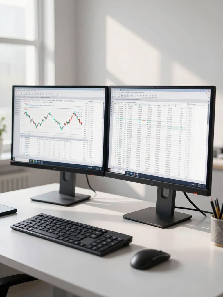 A clean, bright, modern dual-monitor workspace with financial spreadsheets visible, cool morning light streaming through a window, highly structured composition.