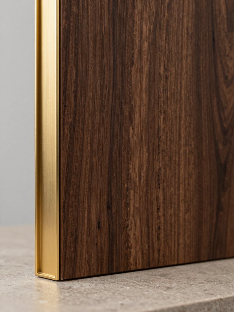 Close-up architectural detail of a material study — dark walnut wood grain panel beside brushed gold metal trim, even studio light from the left, stone surface in the lower foreground, no hands, no people, purely material and tactile