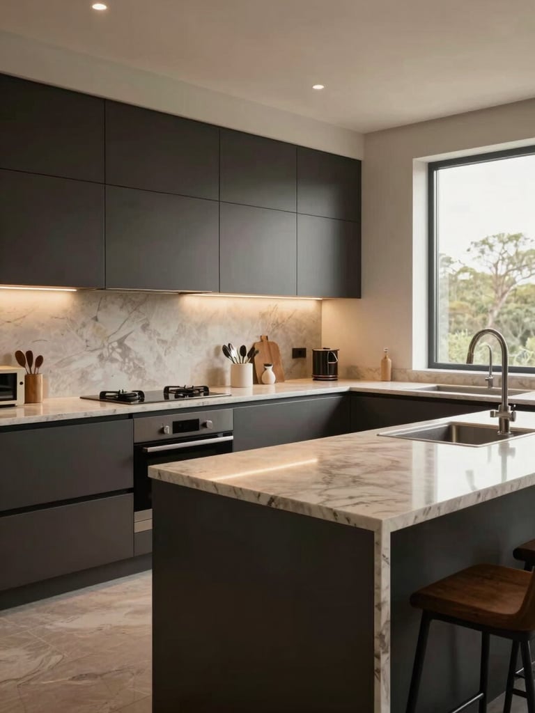 Wide environmental shot bleeding left — a large island kitchen interior under warm studio lighting, polished stone worktop reflecting overhead task lights, integrated appliance panels flush with cabinetry, dark matte finishes contrasting with natural light from a tall window at frame right, no people, architectural framing from standing eye level