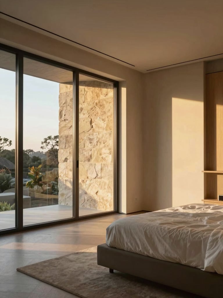 Wide panoramic interior bedroom at golden hour, a full-height glazed wall to the left letting in raking afternoon light across a stone-textured feature wall, smart ceiling channels visible as thin recessed lines above, no people, composed and still