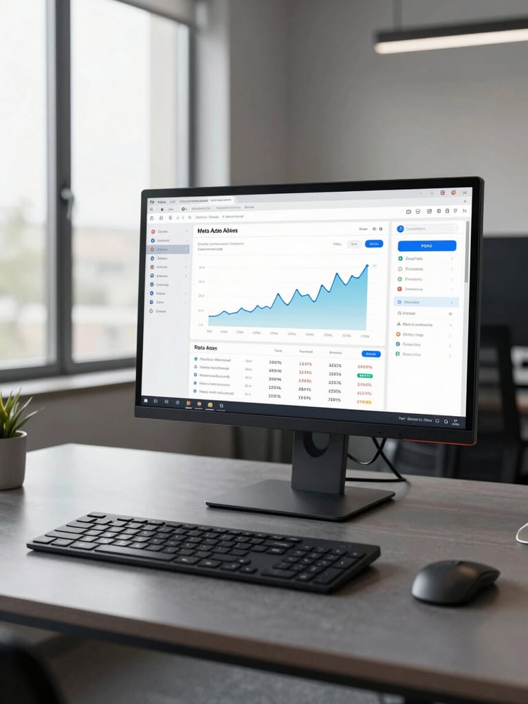 Wide-angle view of a clean modern office desk, a large monitor displaying a live Meta Ads dashboard with ROAS graphs and campaign metrics, bright natural window light from the left, muted charcoal desk surface, no people visible