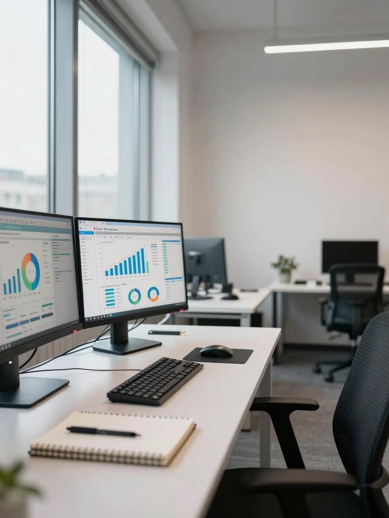 Wide environmental shot of a digital agency workspace, left-third framing of dual monitors displaying campaign analytics dashboards with charts and ROAS data, clean bright natural office light from large windows, desk surface with notebooks and a keyboard in foreground, generous negative space on the right