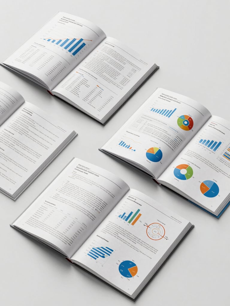 Overhead flat-lay of open publication-ready report spreads showing dense data charts and infographic figures, arranged on a clean white surface under neutral studio lighting, crisp detail on chart annotations