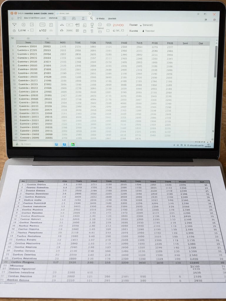 Flat-lay overhead of a dense spreadsheet on screen beside a finished printed infographic chart showing the same data transformed, neutral daylight, straight-on camera angle, no perspective distortion