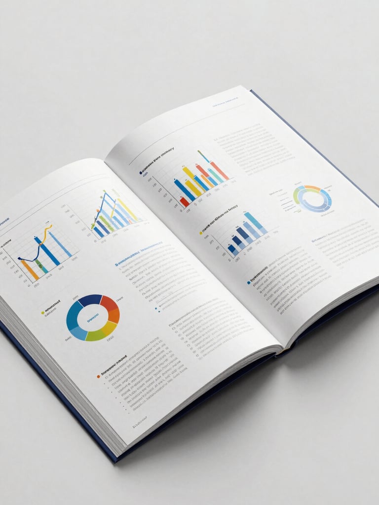 Overhead flat-lay of a finished publication-ready research report opened to a full-bleed infographic spread, clean white pages under high-key studio lighting, sharp detail on chart labels and grid lines, deep navy accent bar visible along the page edge