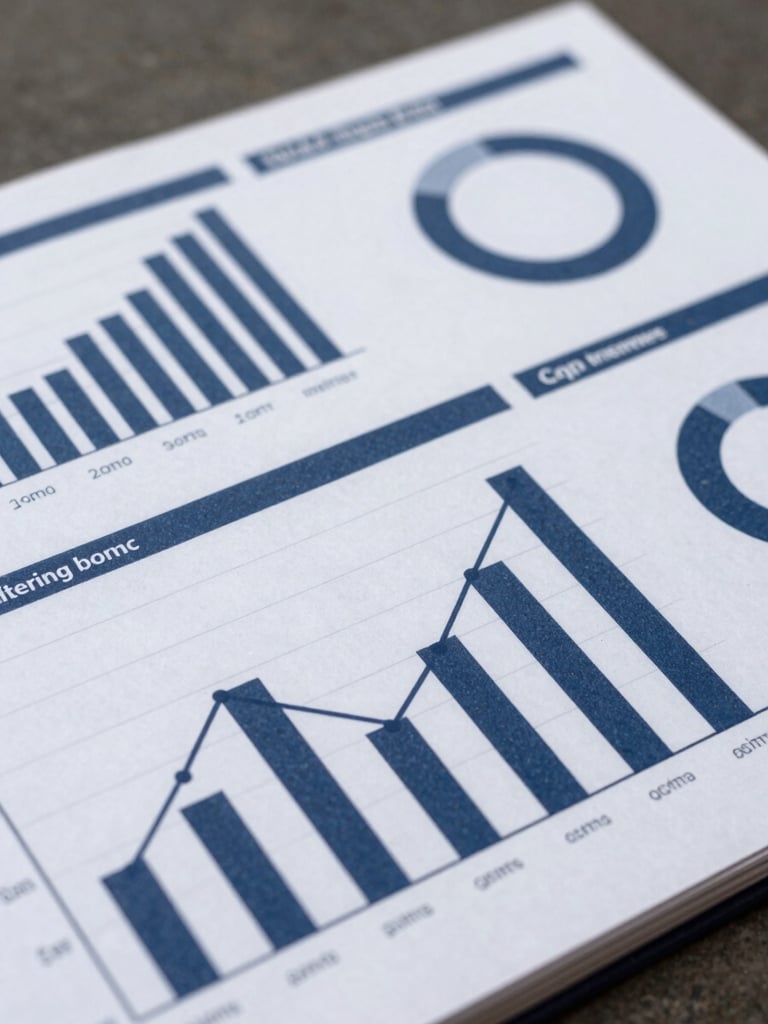 Close-up detail of a data visualization panel from a publication — bar charts and annotated callouts on a navy-and-white spread, flat-lay overhead, neutral daylight, sharp focus on chart elements