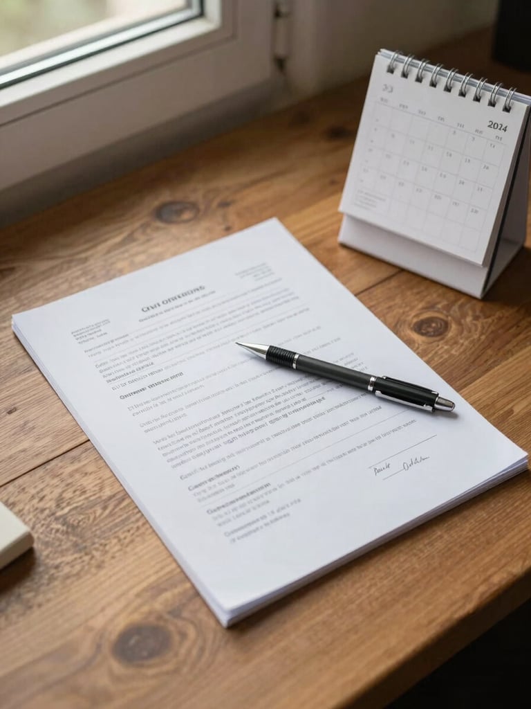 Overhead medium shot of a wooden desk surface: a printed contract with handwritten margin notes, a mechanical pencil resting across the page, a small calendar open to a weekly view, soft natural window light from the upper left, warm stone tones throughout