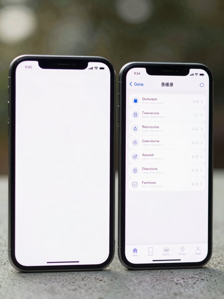 Portrait close-up of two Android phones side by side on a light concrete surface, both screens showing different states of the same app — one showing an empty state, one showing a populated list — soft diffused daylight from the left, no reflections