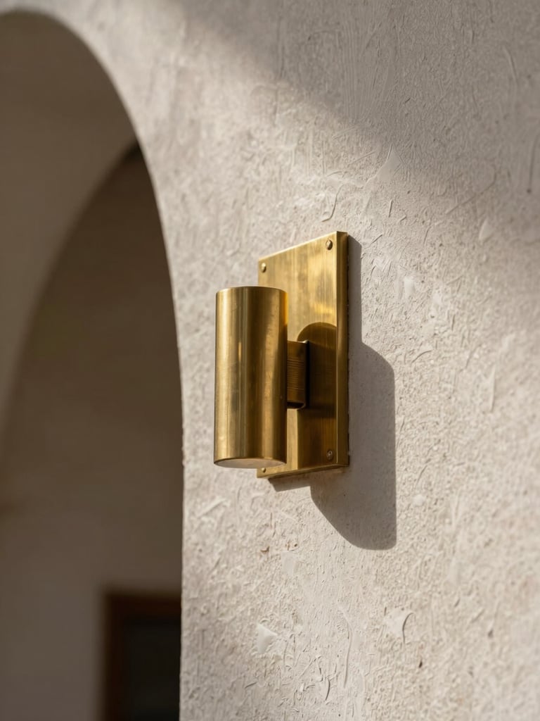 Extreme macro detail of modern Najdi architectural textured plaster meeting a brushed brass fixture, high-contrast interior lighting, deep shadows.