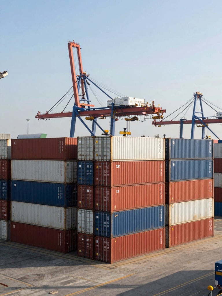 Panoramic view of an active container port at midday, rows of sealed shipping containers stacked three high on the quayside, a gantry crane visible above, clear industrial daylight, no people in foreground