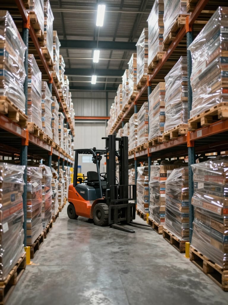 Wide interior shot of an active warehouse, palletised goods stacked in deep rows under high-bay lighting, a forklift in mid-aisle, concrete floor, no people in foreground, industrial scale evident