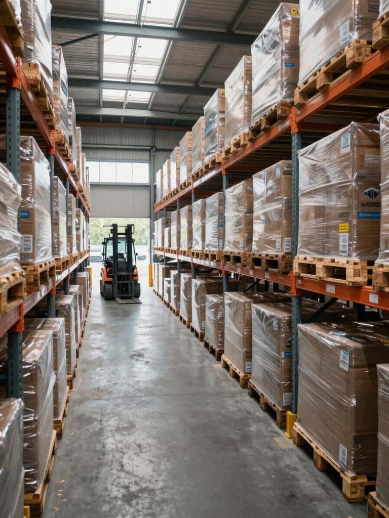 Wide-angle interior of a large logistics warehouse, rows of palletised freight on heavy-duty racking extending to the far wall, natural daylight through high clerestory windows, forklift visible mid-aisle, no people in frame