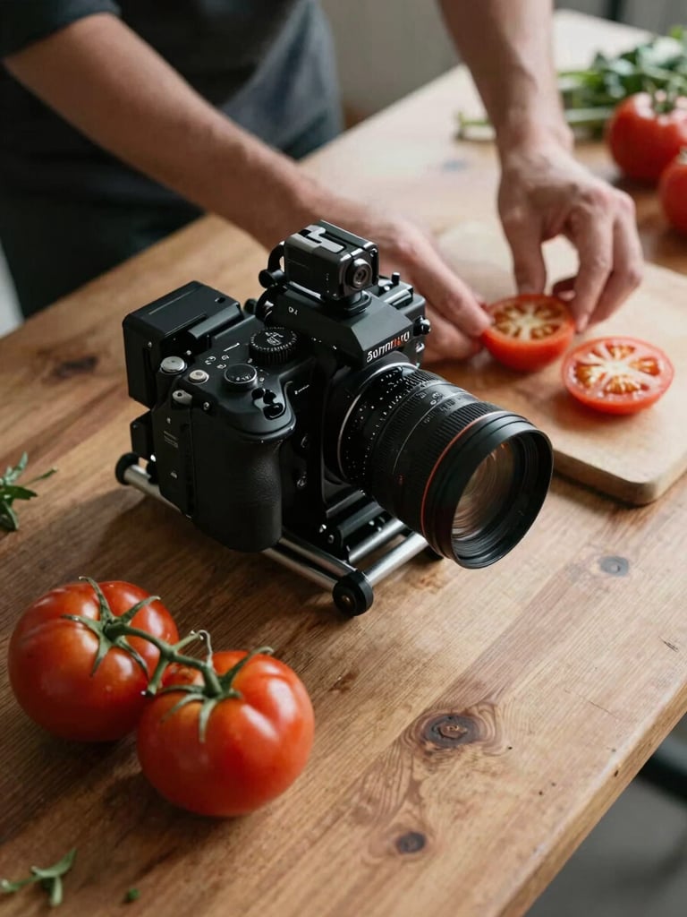 Overhead view of a professional camera rig positioned over a rustic wooden prep table, soft Scandinavian morning daylight illuminating fresh heirloom tomatoes and a chef's hands prepping.