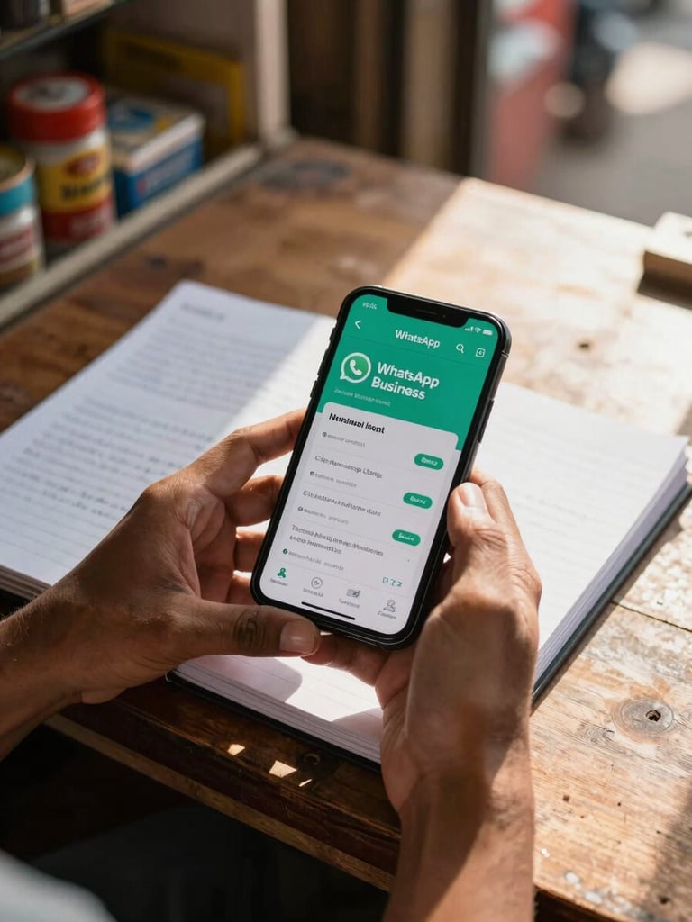 Close-up overhead shot of two hands holding a smartphone displaying a WhatsApp Business analytics screen beside a handwritten ledger book on a wooden shop counter, natural warm afternoon light streaming from the right, shallow depth of field, real Indian kirana store context visible in background