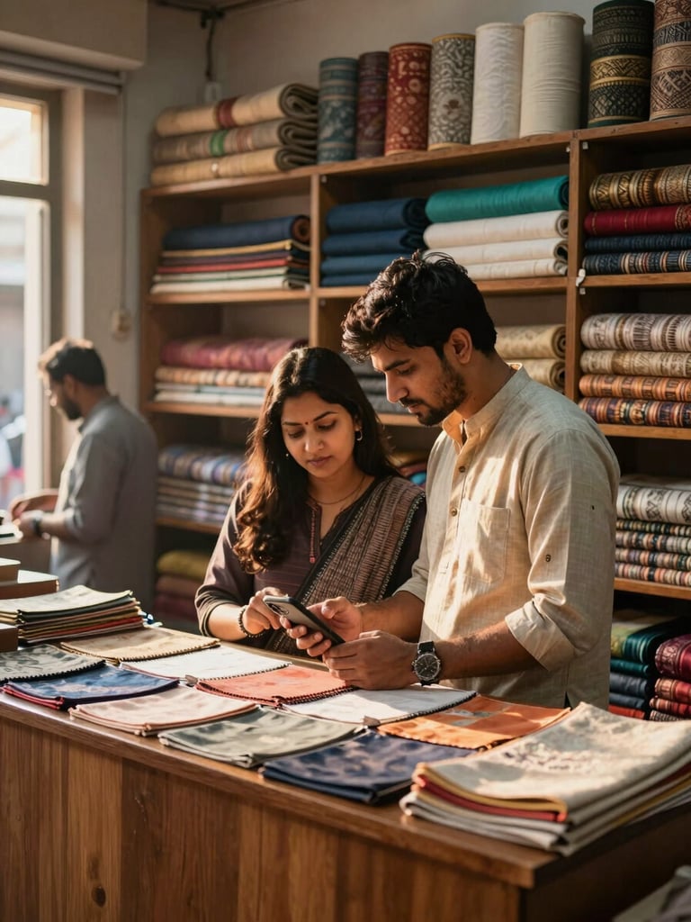 Wide environmental shot from just inside a busy Indian textile shop — a young man and woman in casual kurtas stand behind a wooden counter covered in fabric samples, reviewing a phone screen together under warm afternoon window light; bolts of fabric fill the shelves behind them, a customer visible blurred in the background, natural golden-hour warmth filling the room