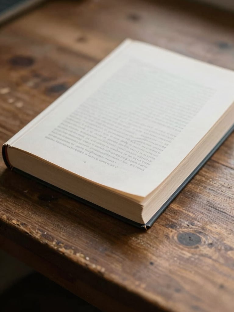 Overhead view of a closed hardcover book resting on a worn timber desk, soft diffuse north-facing daylight, a single folded manuscript page visible beneath the spine, muted warm tones