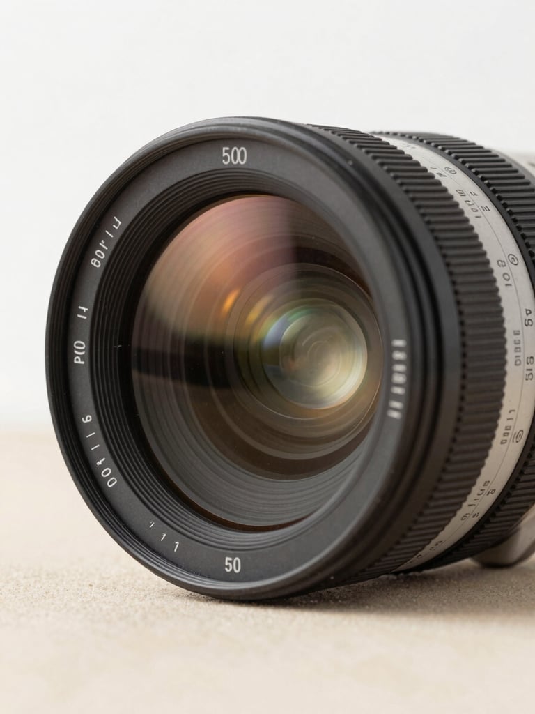 Close-up of a professional cinema camera lens reflecting warm studio light, clean white and sand background, sharp focus, 50mm