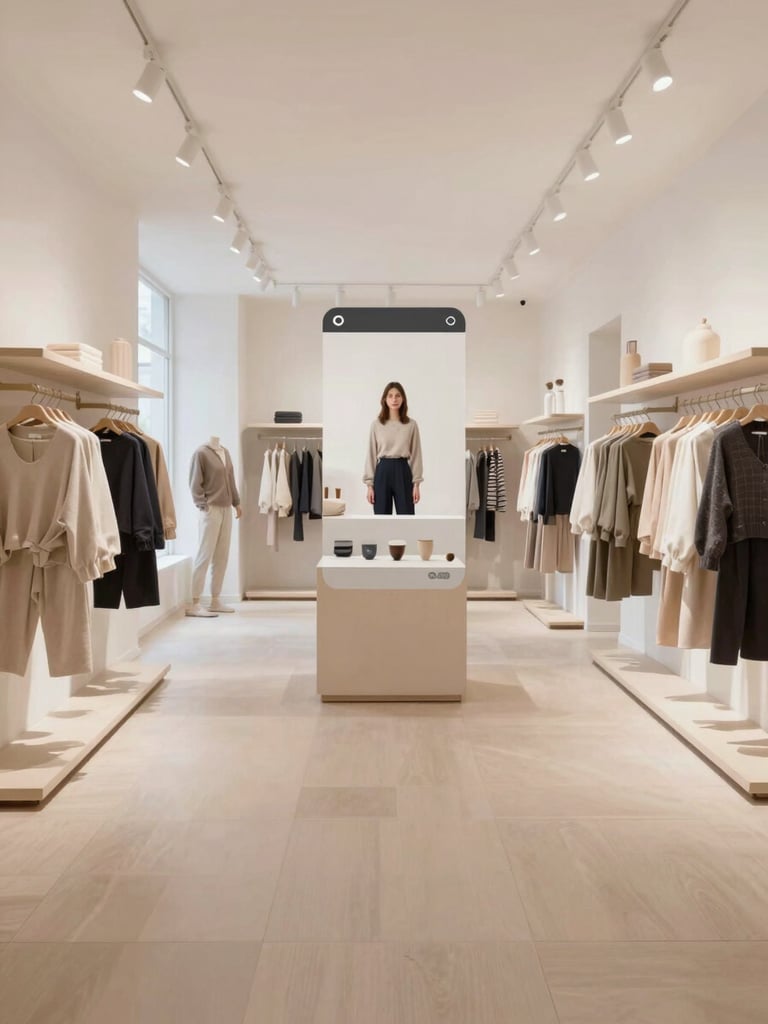 Wide angle interior of a beautifully lit boutique in Landskrona, showing a virtual tour interface overlay, clean Scandinavian design, soft daylight