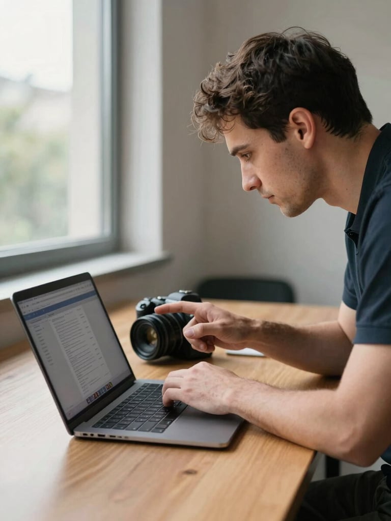 Agency team member leaning over a wooden desk reviewing content on a laptop screen, camera body resting beside the keyboard, natural north-facing daylight from a tall window to the left, hands visible mid-gesture pointing at the screen