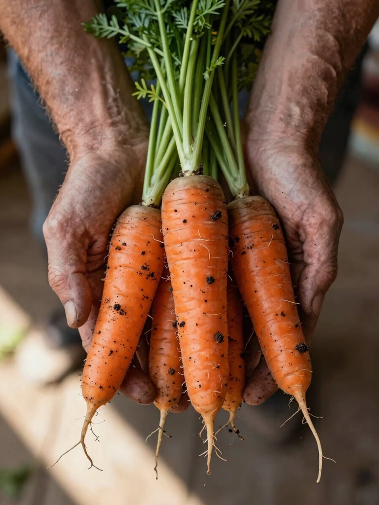 Extreme close-up of two weathered hands cradling a cluster of freshly pulled carrots, soil still clinging to the roots, shot from above at a slight angle in soft north-facing daylight filtering through an open barn door — warm natural light, no studio setup, the texture of the hands and the earth both fully visible