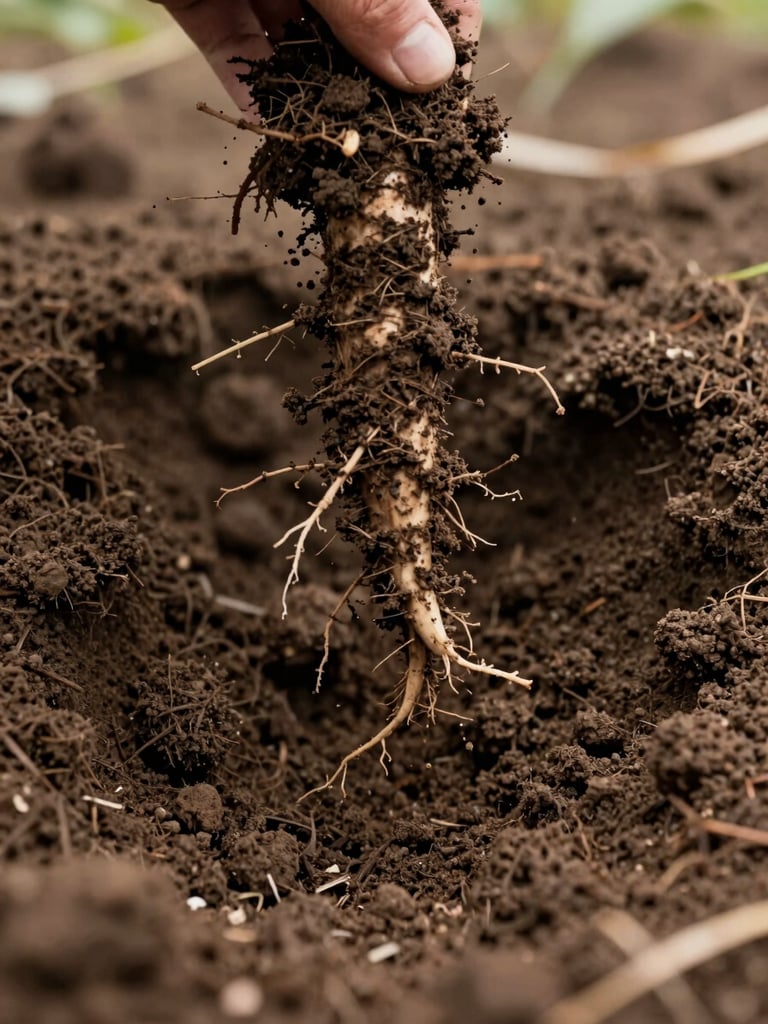 Extreme close-up bleed image of dark loamy soil mid-dig, a hand partially visible at the top edge pulling back a root vegetable, natural overcast daylight, the texture of the earth filling the entire frame — no background visible, just soil detail and one working hand