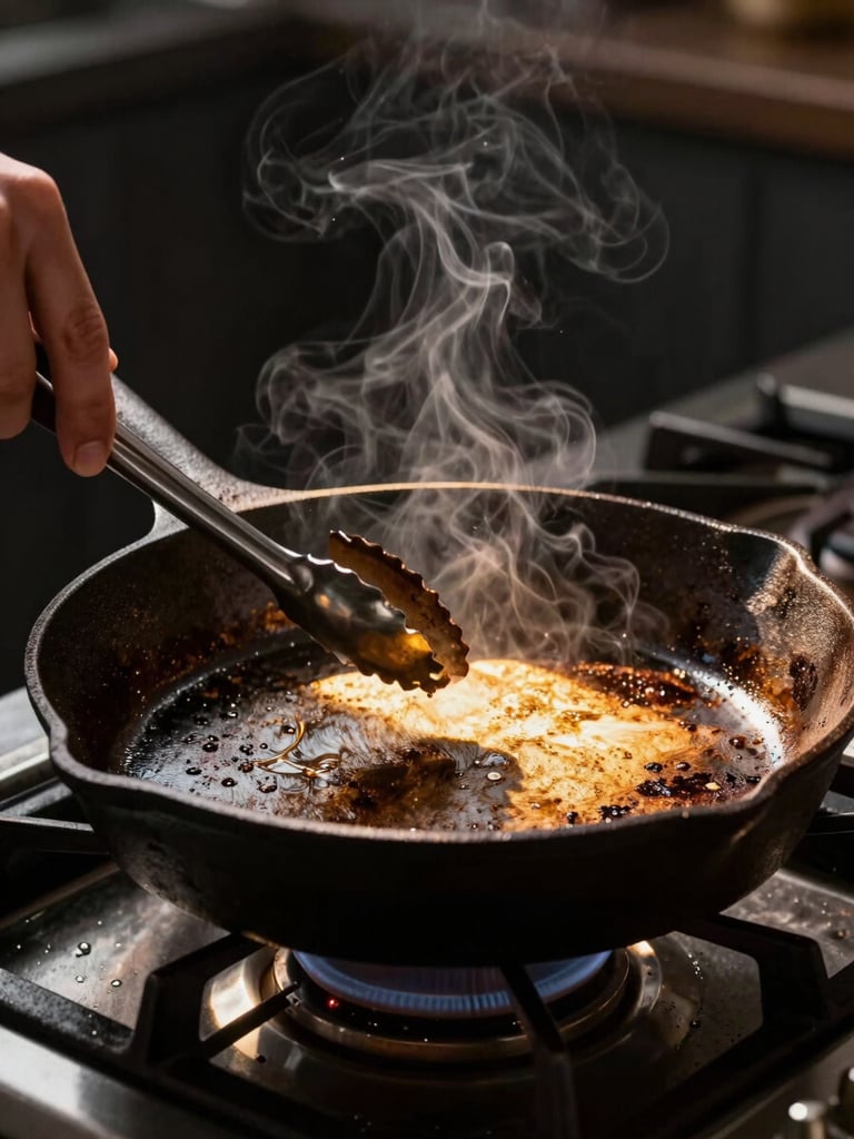 Extreme close-up of a cast iron pan on a gas burner, golden-hour window light raking across the surface from the left, a cook's forearm and tongs visible at the edge of the frame, no face, texture of seasoned iron and rising steam sharp against dark background