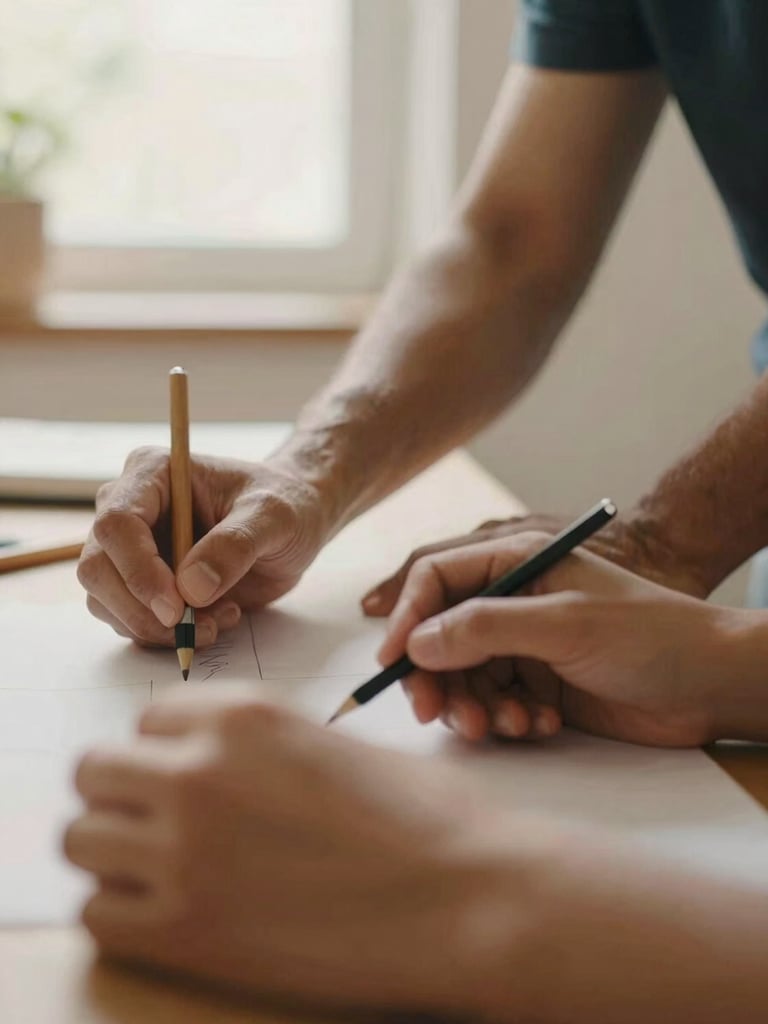 Candid close-up of two people collaborating on a creative task, hands visible, warm indoor window light, soft focus, authentic emotion