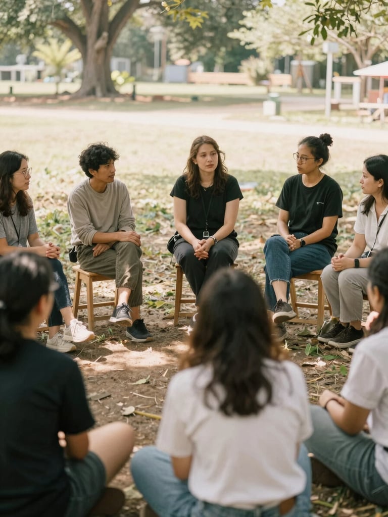 A facilitator guiding a small reflective circle outdoors under the soft shade of trees, participants listening attentively, warm natural daylight, candid.