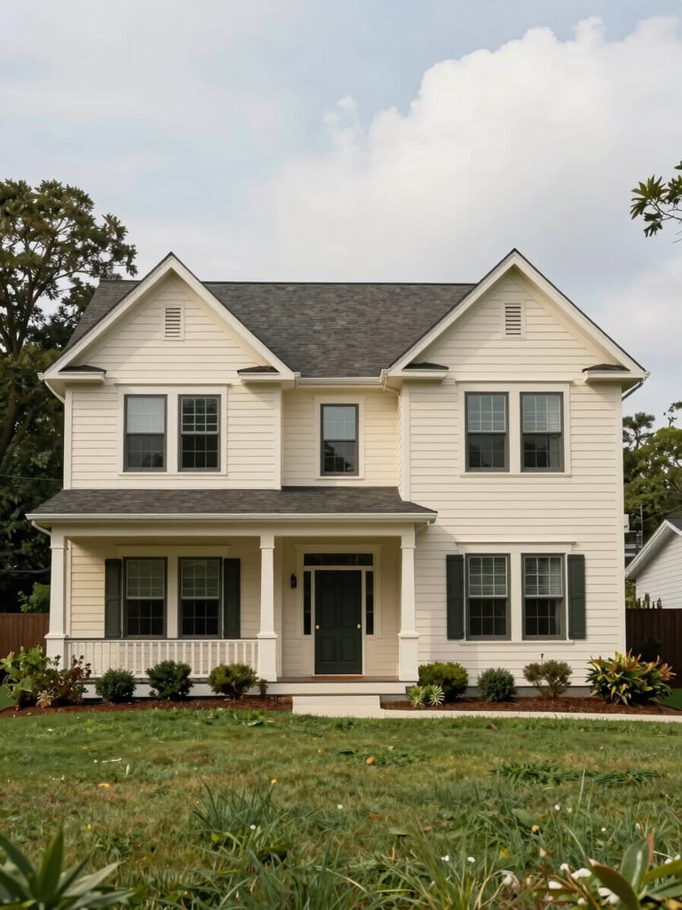 Wide environmental shot of a freshly painted two-story Atlanta craftsman home exterior, natural overcast daylight, warm cream paint against dark trim, full facade visible from the front lawn, no staging