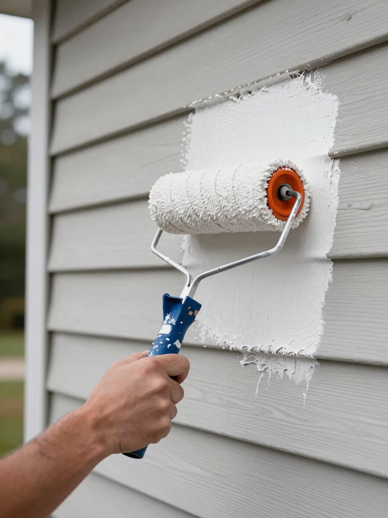 Close medium shot of a painter's roller pressing fresh warm-white paint onto wooden siding, overcast Atlanta daylight, paint edge sharp and clean, no face visible, just hands and the wall in context
