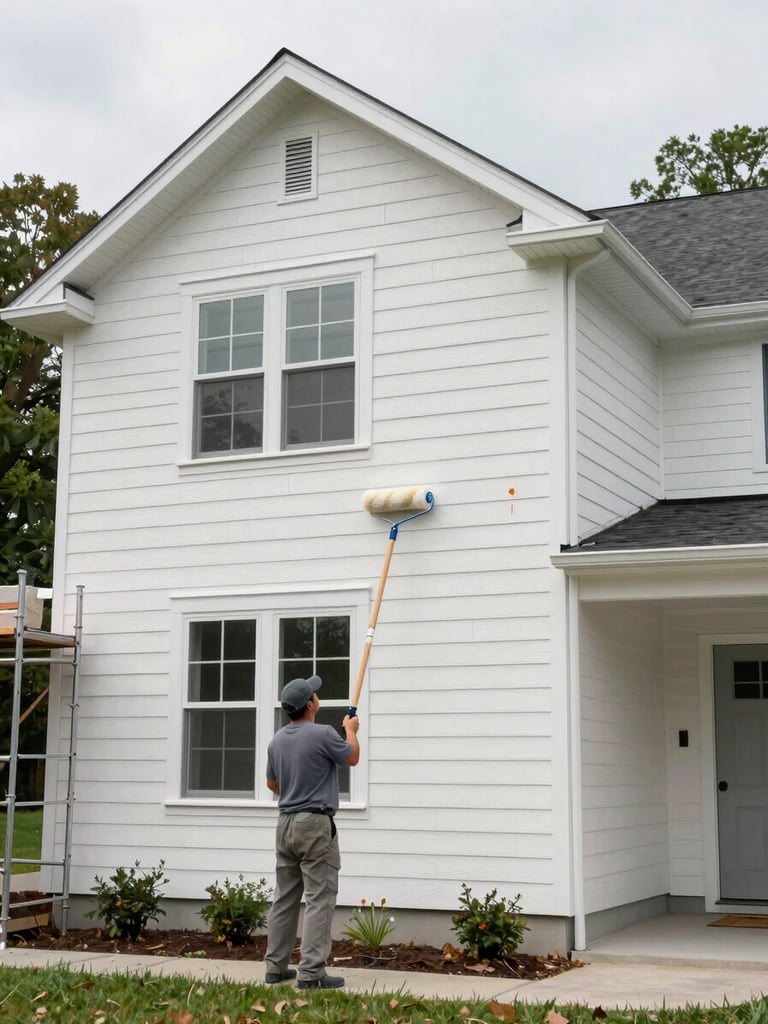 Wide shot from homeowner's driveway looking up at a craftsman house exterior mid-paint, roller on clapboard siding, natural overcast Atlanta daylight, scaffolding visible at left edge, no faces shown