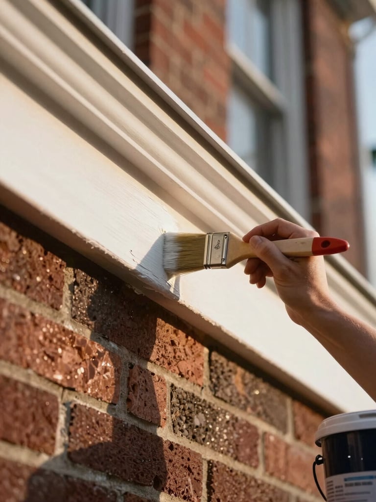 Close-up documentary shot of a painter's brush working a clean paint edge along white trim on a brick Atlanta home, natural golden-hour light raking across the surface, paint bucket visible at the edge of frame
