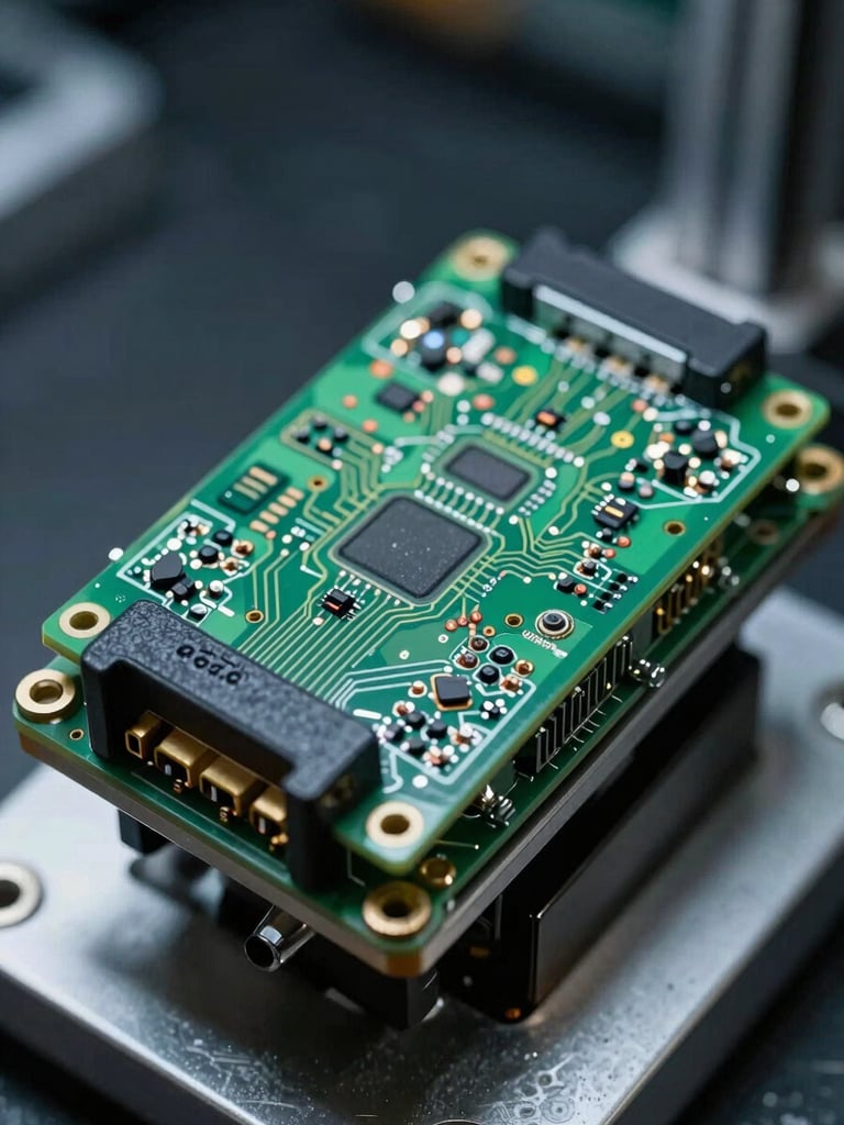 Close-up macro of an airbag control module mounted on a precision inspection stand, cool 5600K daylight balanced lighting defining the circuit board traces and connector pins with sharp edge clarity, dark workshop background, no grease or oil visible