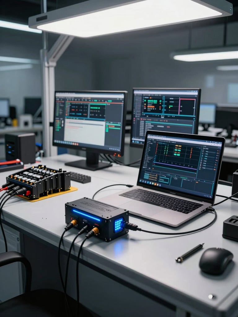 Wide environmental shot of a modern automotive programming workstation — laptop connected via diagnostic interface to a vehicle ECU module on a clean bench, electric-blue LED accent light active on the equipment, multiple screens showing live programming parameters, cool 5600K studio lighting, no oil stains or traditional mechanic tools visible