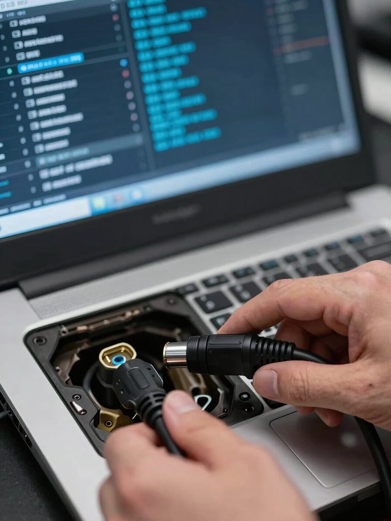 Macro close-up of a technician's hands connecting a diagnostic cable to an OBD port under cool studio lighting, the laptop screen behind showing live fault code data in blue and white on a dark interface, edge definition sharp, no motion blur