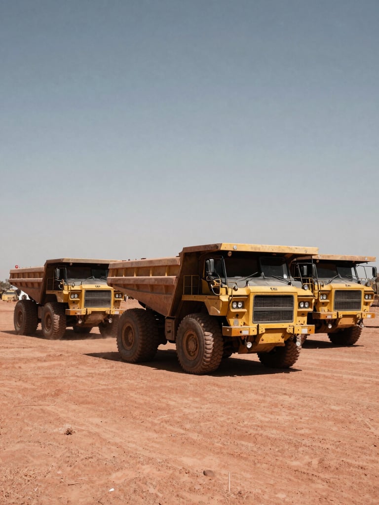 Wide-angle documentary photograph of three heavy-duty mining trucks without license plates parked in a circle on a dusty South African mining site, harsh midday sun, red dust, realistic 35mm lens.