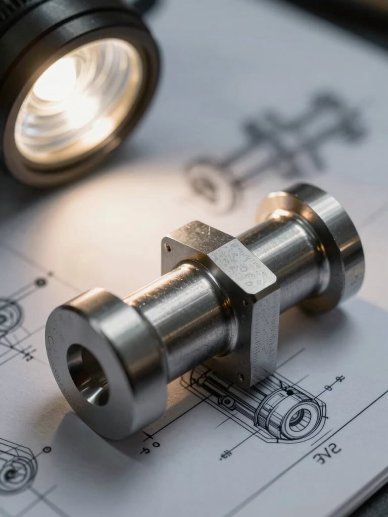 Close-up portrait frame of a precision-machined steel component resting on a technical drawing, industrial tungsten light raking across the surface from the upper left, fine machining marks visible on the metal, the drawing lines slightly out of focus beneath it