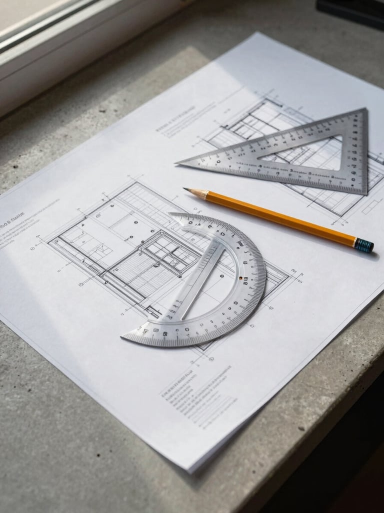 Close-up overhead shot of large-format technical drawings and project specification documents spread across a concrete workbench, a set square and pencil resting on the plans, overcast daylight from a nearby window casting soft directional shadows across the paper surface