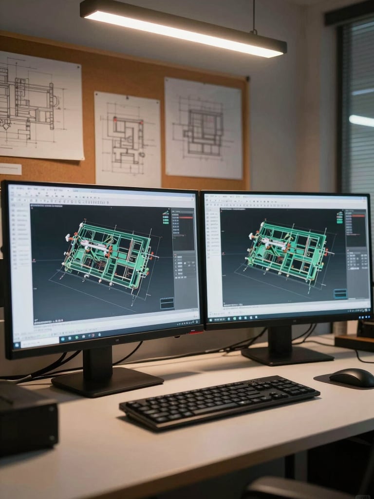 Wide interior shot of an engineering workstation at night, two large monitors displaying a detailed CAD assembly model, tungsten-warm overhead lighting casting sharp shadows across the desk, technical drawings pinned to a corkboard in the background, no people visible, focus on the precision of the screen geometry