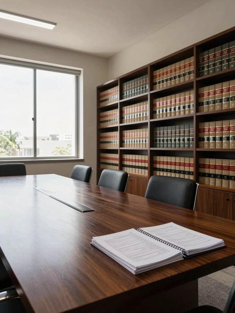 Wide interior of a contemporary legal office in Mazatlán, an empty conference table of dark wood stretching to the left foreground, shelves of legal volumes along the right wall, north-facing institutional daylight filtering through tall windows, documents stacked precisely at the near edge of the table, no people present